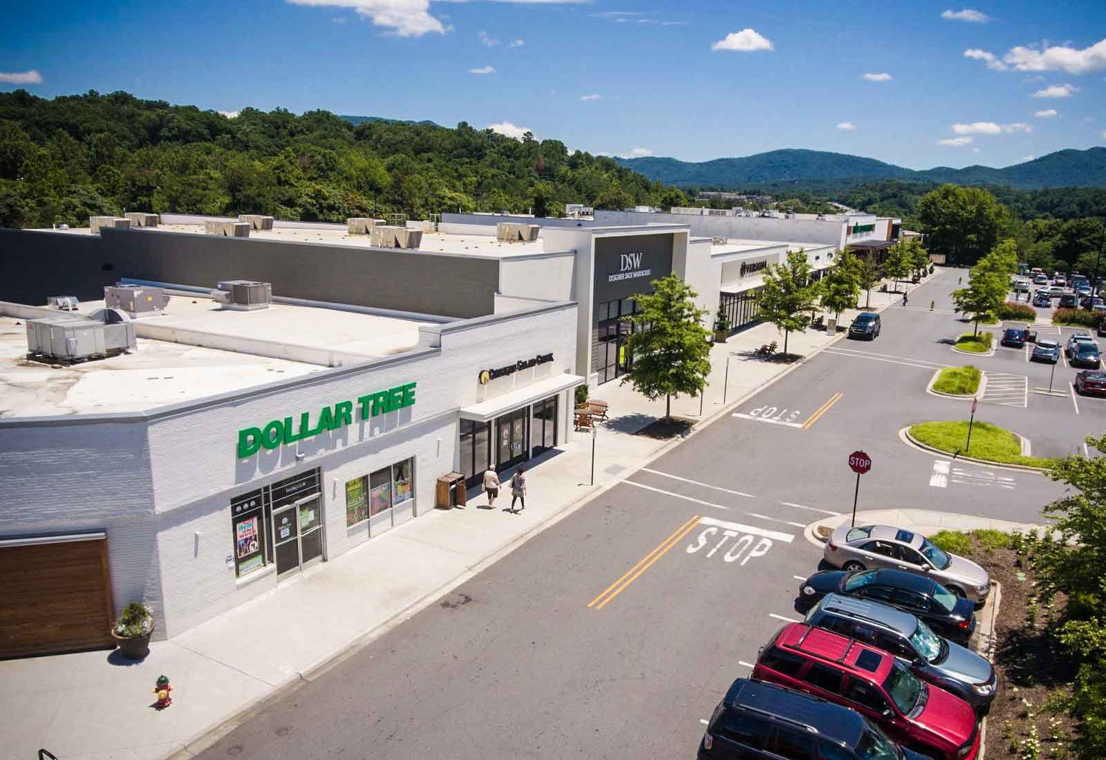 Aerial view of shopping center and parking