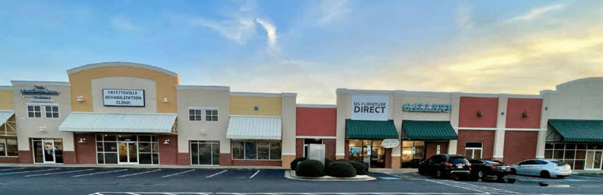 Exterior view colorful shopping center facade