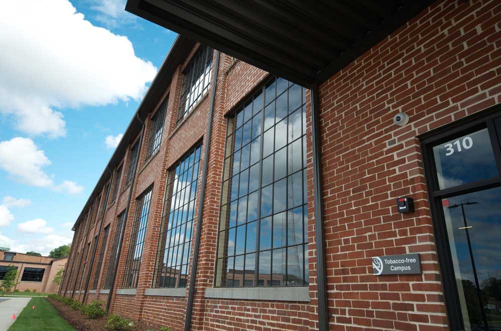 Detail of brick building and windows, exterior